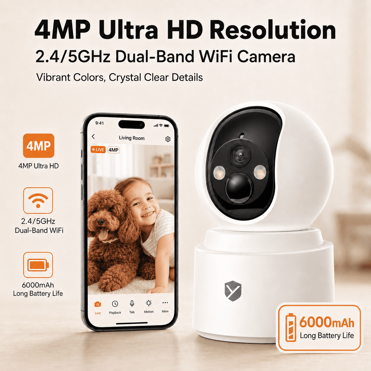 4MP 2.5K Battery Powered Indoor Security Camera, 6000mAh, 355° Pan & Tilt, PIR Motion Detection, Color Night Vision, 2-Way Audio, 2.4/5GHz WiFi for Baby, Pet & Home