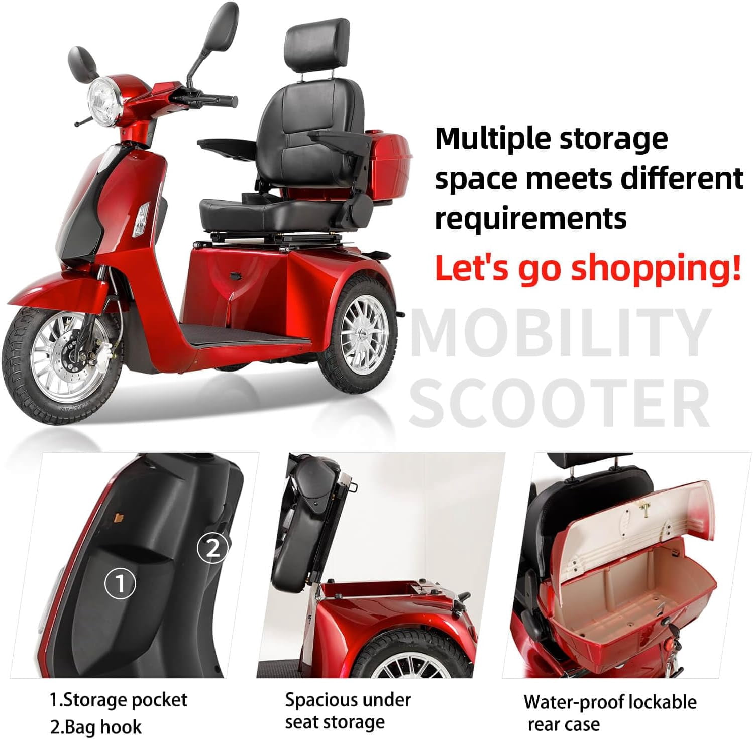 Mobility Scooters Secure 800W 3-Wheel Mobility Scooter with Charger, Red, 350 lb Limit