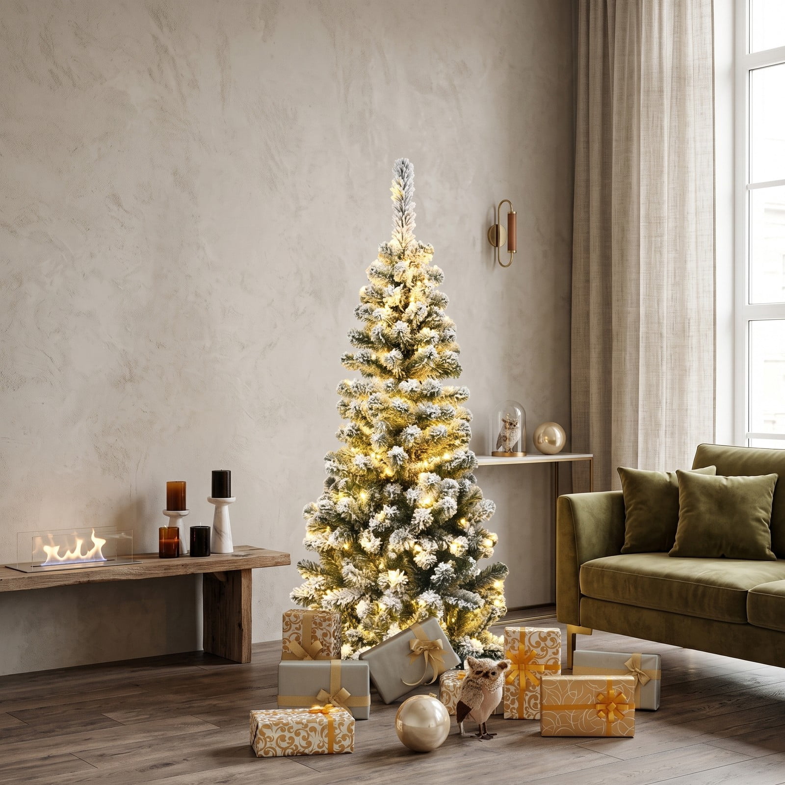 RUIE 4.5 FT Pre-Lit Snow Flocked Pencil Christmas Tree with 150 Warm White LED Lights, 242 Branch Tips, Artificial Slim Xmas Tree with Foldable Metal Stand for, White