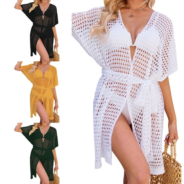 Mujer Bikini Cover Up Hollow Out Manga De Murciélago Patrón Liso Casual Transpirable Beach Top Blanco XL
