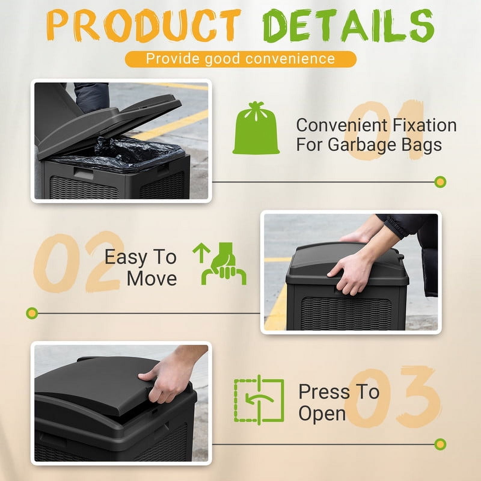 Devoko  All-Weather use Trashbin with Lid, Patio Resin Hideaway Trash Can with Waterproof for Backyard, Black