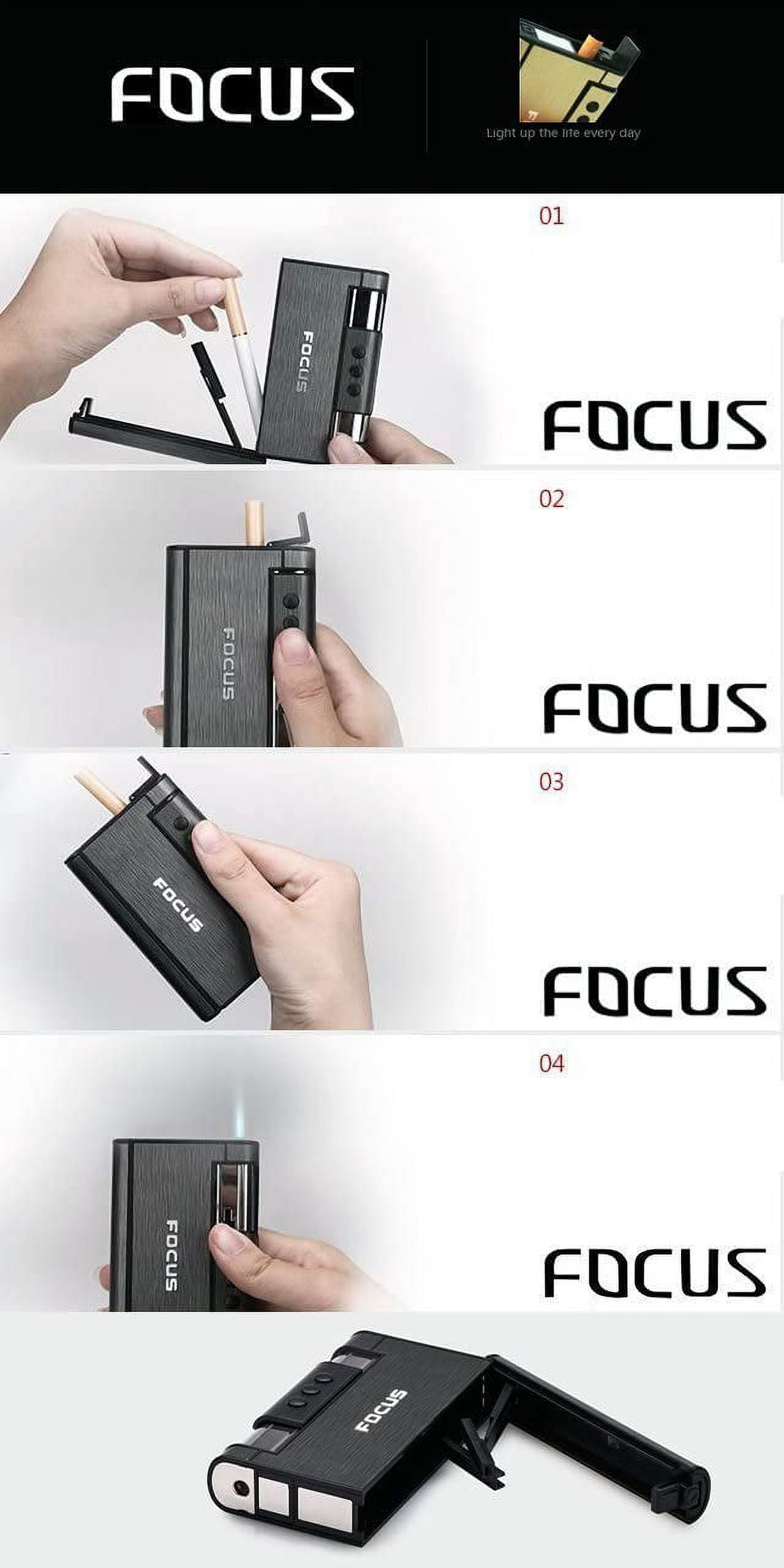 Focus Cigarette Case Dispenser with Butane Jet Torch Lighter (Holds 10)