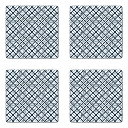 

Navy Coaster Set of 4 Nautical Pattern with Anchor and Windrose in Rope Stripes Navigation Sea Adventure Square Hardboard Gloss Coasters Standard Size Indigo White by Ambesonne