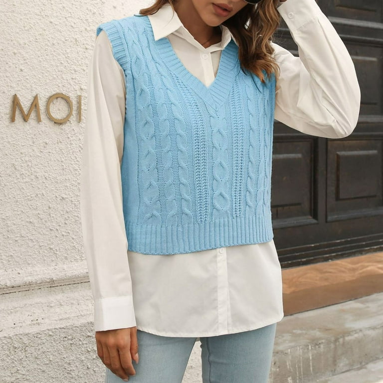 nsendm Knit Sweater Vest Women Womens V Neck Knit Sweater Vest Preppy Style  Sleeveless Dolphins Sweater Vest Women Sweater Light Blue Medium