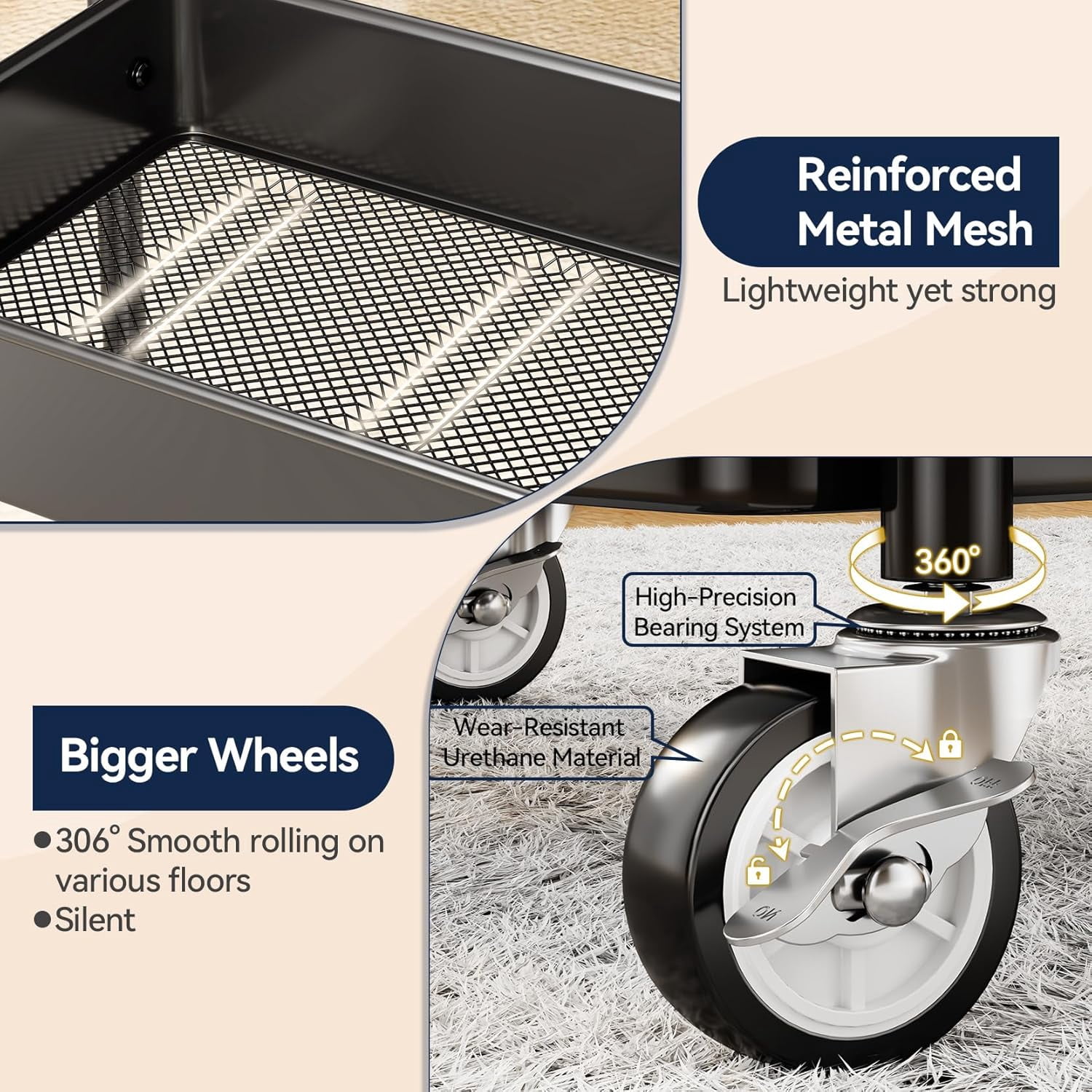 3 Tier Rolling Cart - Metal Utility Cart with Wheels, Hanging Cups, Hooks, Heavy Duty Mesh Rolling Storage Cart Organizer, Craft Cart for Kitchen Office, Lightweight and Sturdy