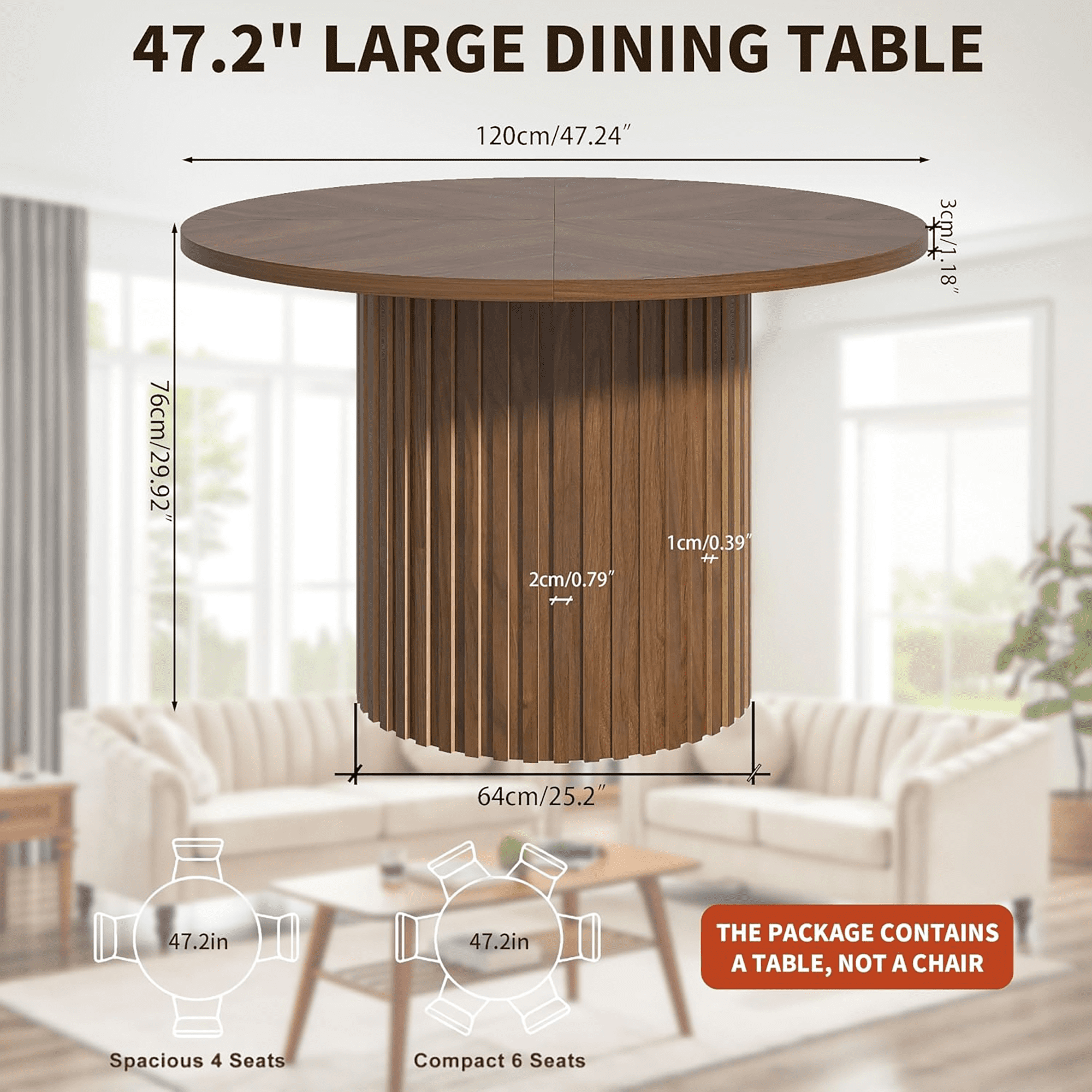 Modern Round Dining Table, 47 Inch Small Circle Kitchen Tables for 4-6, Wood Strip Base, Farmhouse Table for Kitchen, Dinning Room, Walnut