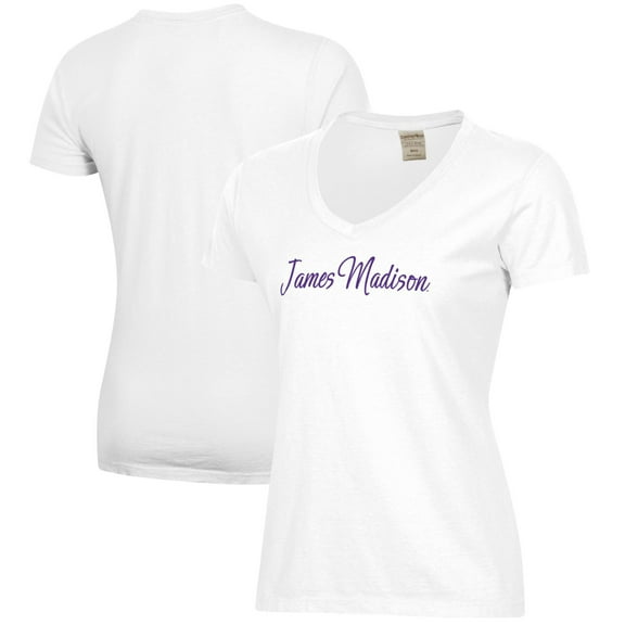Women's  White James Madison Dukes Script Logo Comfort Wash V-Neck T-Shirt