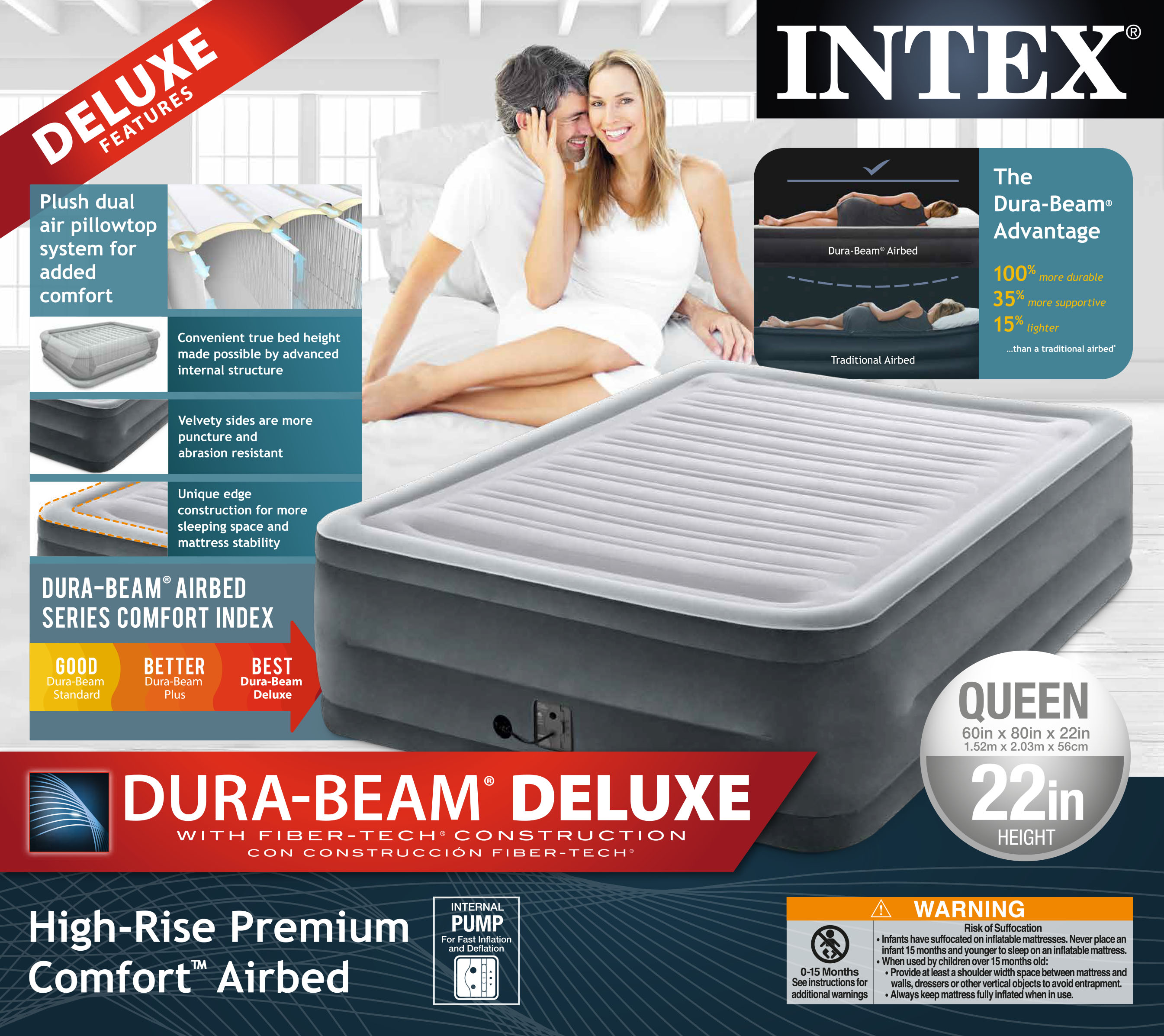 Intex 22" Queen Comfort Plush High Rise Durabeam Airbed Mattress with Built-In Pump - image 8 of 13