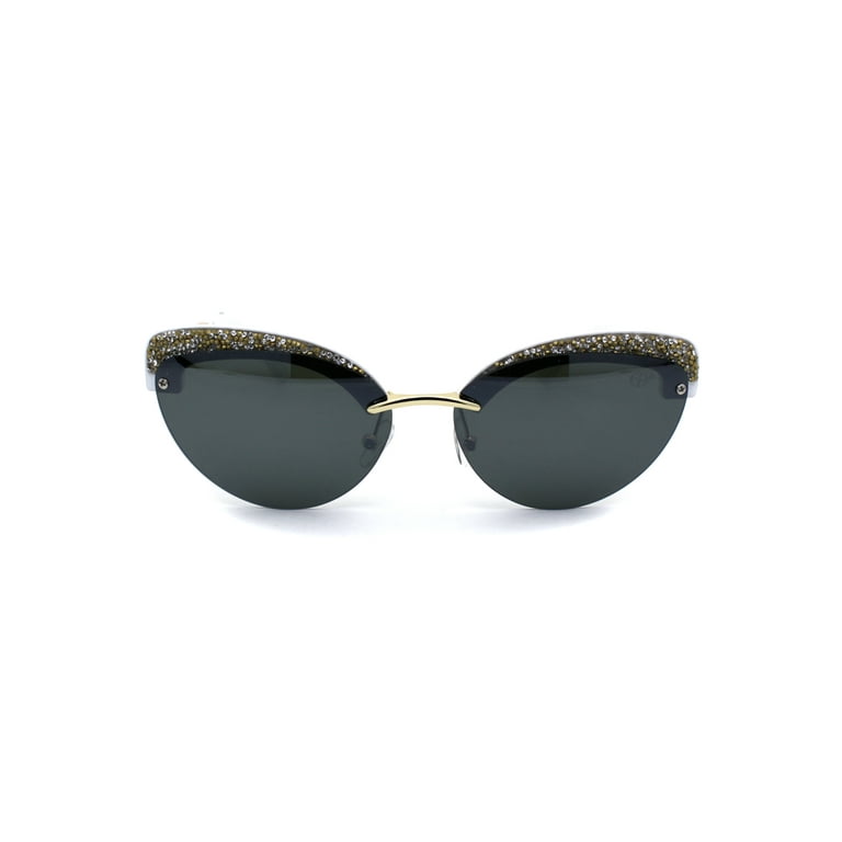 Womens Glitter Nugget Stud Half Rim Round Cat Eye Sunglasses Gold White  Green