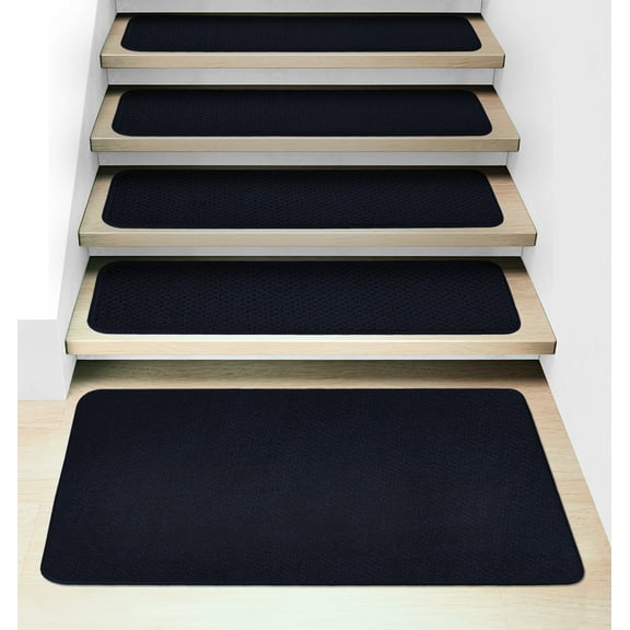 Set of 15 Attachable Carpet Stair Treads and Matching Landing Rug - Navy Blue