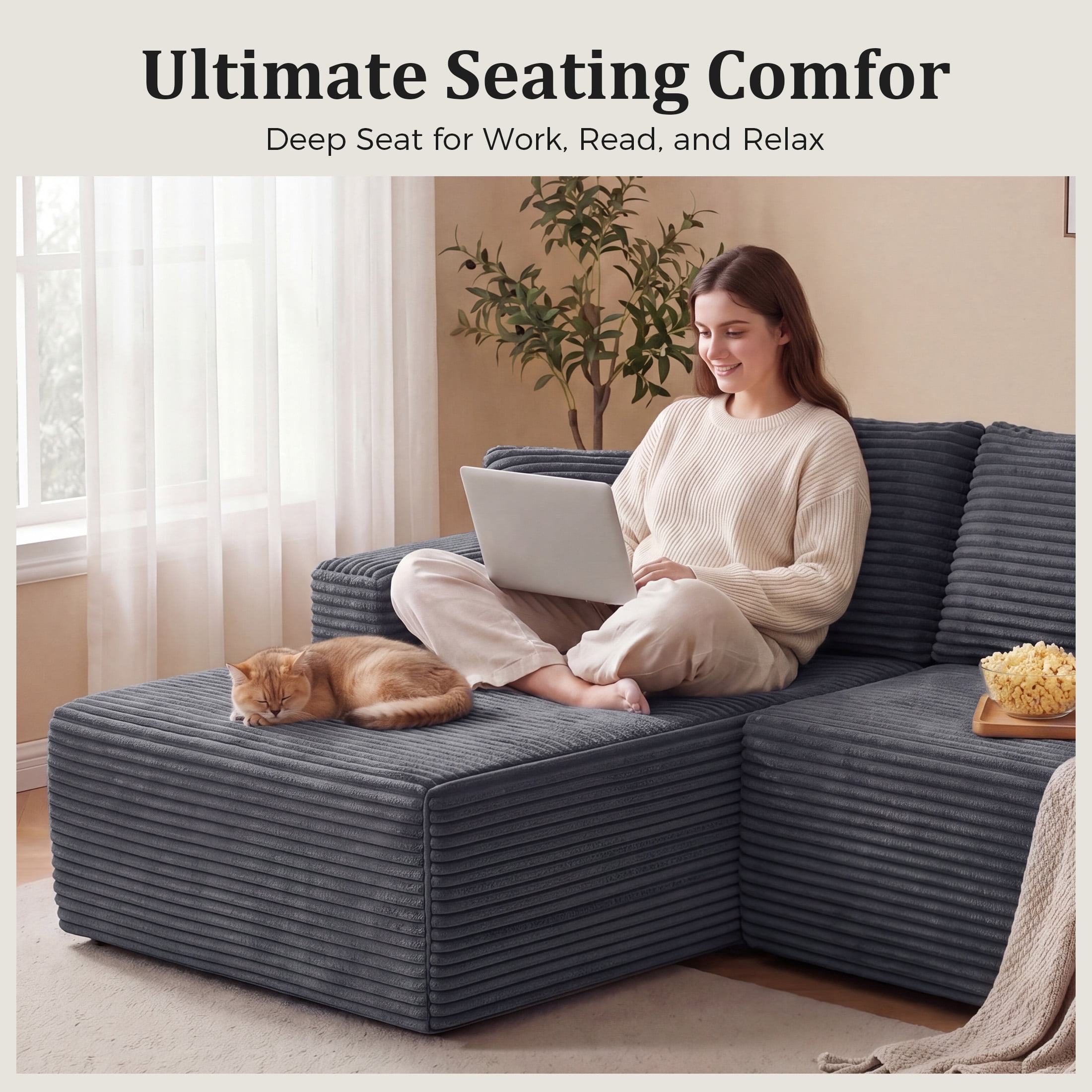 Aenkyo 95 Inch Corduroy L-Shaped Modular Sectional Sofa, Left Chaise, Gray