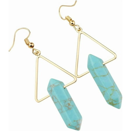 Leander Stone Dangle Drop Earrings for Women, Hexagonal Double Points Healing Crystal Quartz Gold Plated Triangle Earrings with Hook