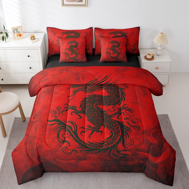 Erosebridal Ensemble de Literie à Imprimé Dragon Format Grand Lit, Noir et Rouge Ensemble Tout-en-un Format Grand Lit, Ados Hommes, Réversible 7 Pcs