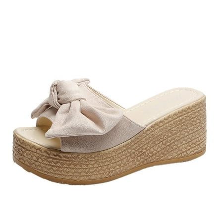 

Slippers for Women Womens Fashion Wedges Open Toe Butterfly-Knot Beach Shoes Roman Slippers Sandals Womens Slippers Pu Beige 38