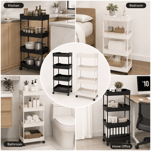3-Tier/4-Tier Rolling Utility Cart with Wheels, Slim Mobile Storage Organizer with Ventilated Baskets for Kitchen, Bathroom, Laundry Room, Bedroom & Office, Black/Cream White