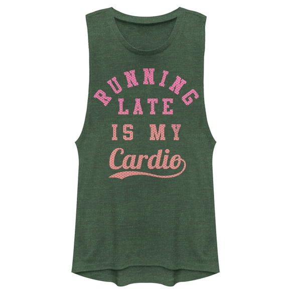 Junior's CHIN UP Running Late is My Cardio  Festival Muscle Graphic Tee Pine Green Heather X Large