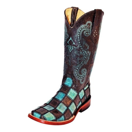 Ladies Western Black Leather Boots - ferrini western boots womens leather patchwork black teal 81393-50