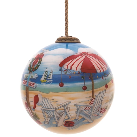 3" Blue and Brown Holiday Beach Signs Hand Painted Mouth Blown Glass Hanging Christmas Ornament