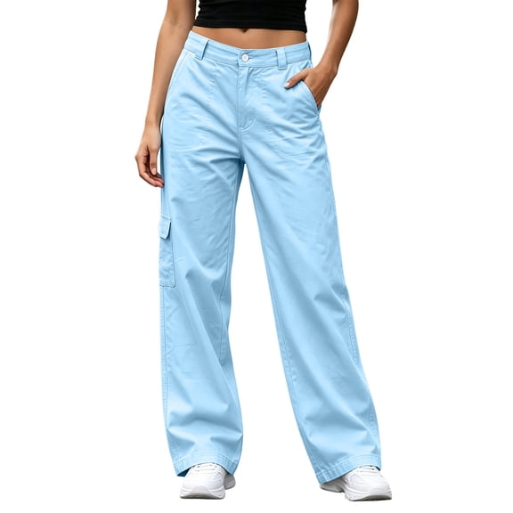 AherBiu Cargo Pants for Women Button Mid Rise Straight Leg Streetwear Juniors Cargos Loose Fitted Hiking Pants with Pockets(X-Large,Light Blue)