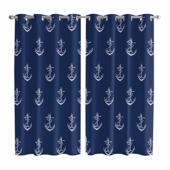 Navy Blue Anchor Kitchen Curtains 84 Inch Length, Nautical Coastal Summer Ocean Ship Grommet Top Bedroom Living Room Curtains, Light Filtering Cafe Curtain Drapes 2 Panels Set 104''x84''