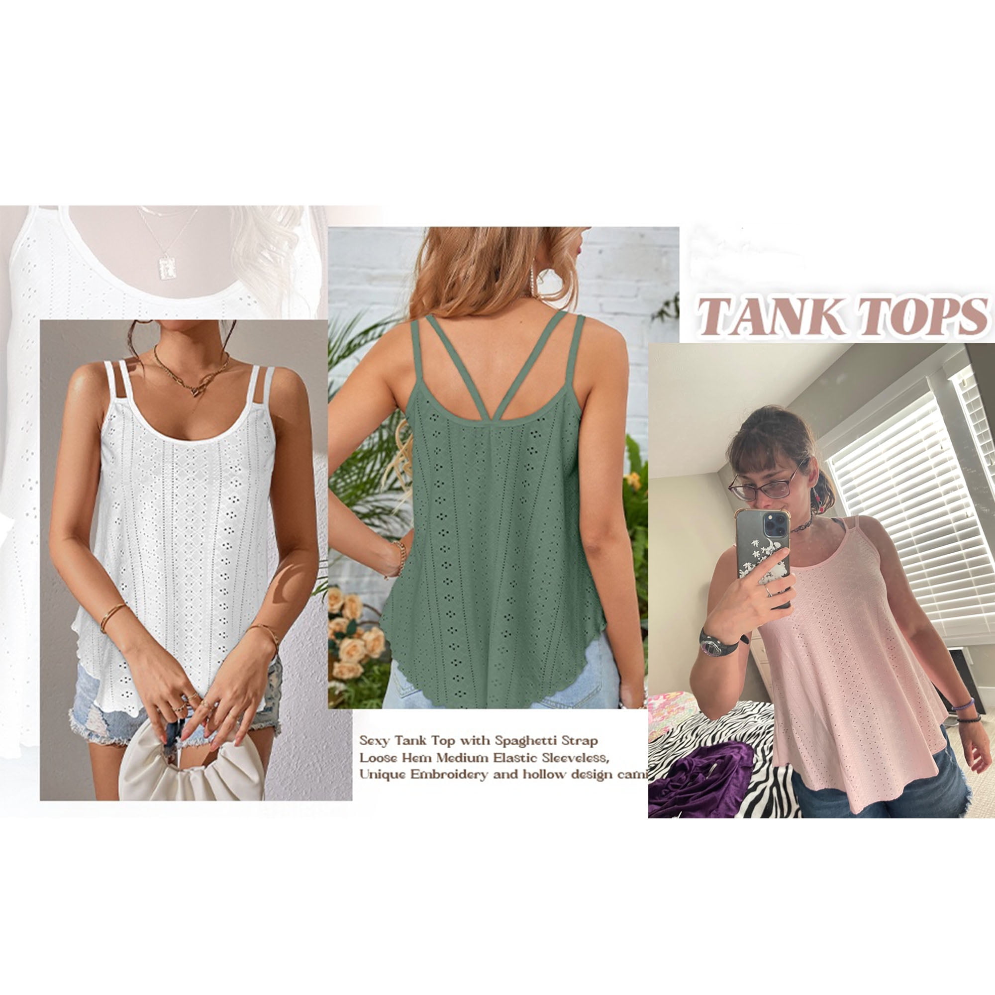 UVN Spaghetti Strap Tank Tops for Women Summer Sleeveless Tops Eyelet Embroidery Flowy Shirts Scoop Neck Loose Cami