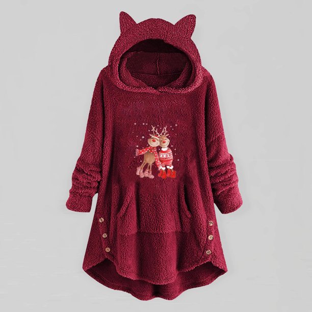 Pntutb Mujer Casual Navidad Impresión Felpa Botones Manga Larga Con Capucha Felpa Abrigo top Selecciones Flash Pntutb Pntutb-5449