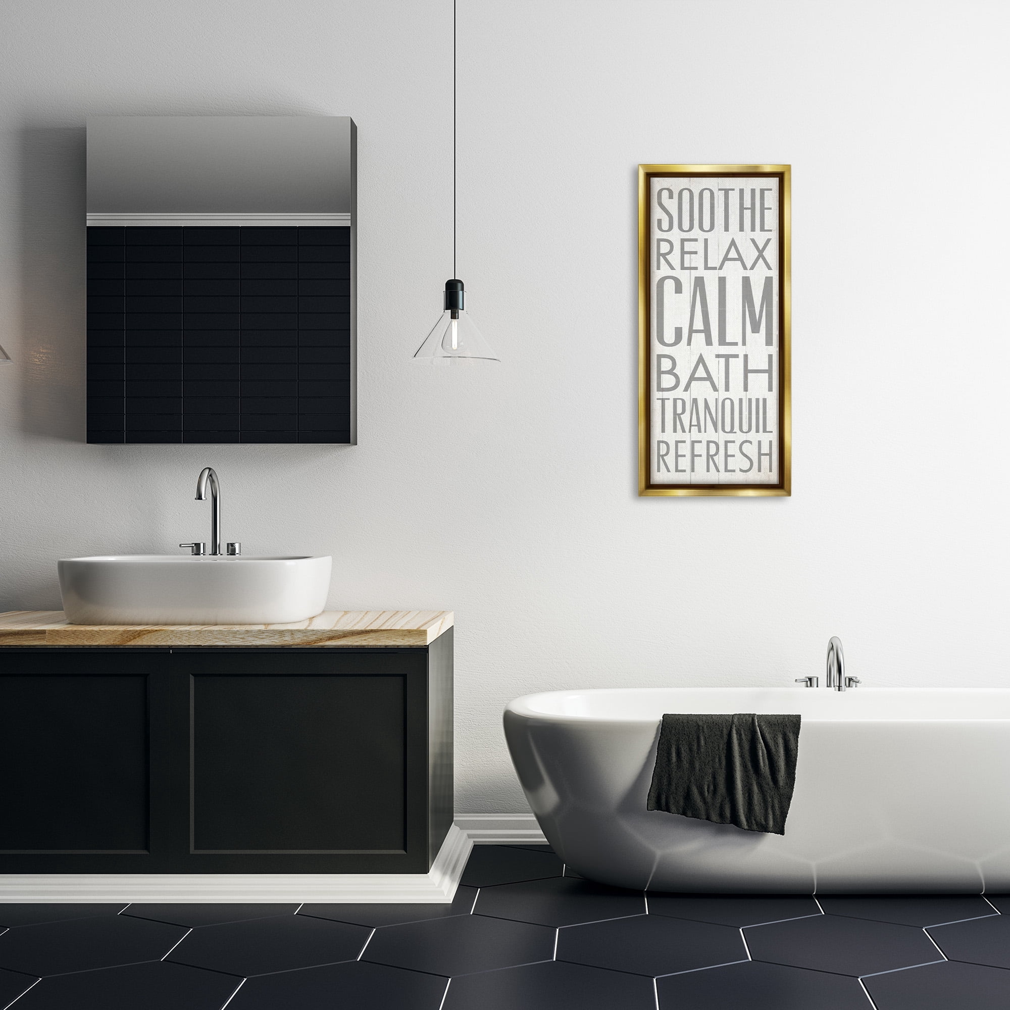 Stupell Industries Soothe Calm Relax Bath Bathroom Typography Painting Gold Floater Framed Canvas Art Print Wall Art, 15 x 31