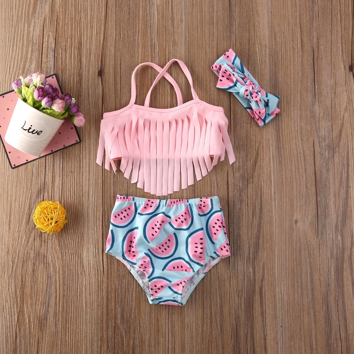 Pudcoco Infant Toddler Baby Girl Tassel Bikini Swimsuit Tops Watermelon Bikini Bottom 3pcs Swimwear Sets Bathing Suit Other