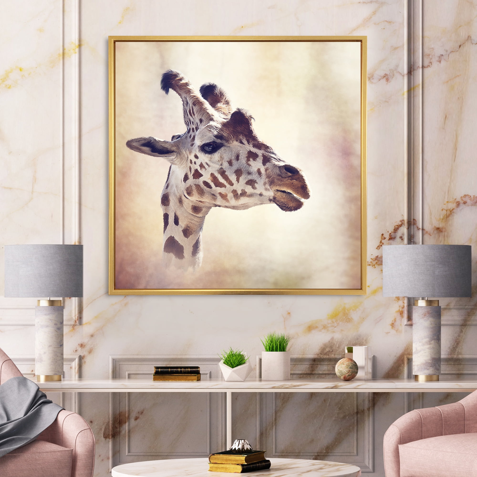 Close Up Portrait of A Giraffe VII 36 in x 36 in Framed Photography Canvas Art Print, by Designart