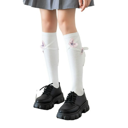 

Women Girls Vintage Cotton Knee High Socks with Lace-Up Bandage Bowknot Japanese Harajuku Fairy Sweet 3D for Butterfly Princess Calf Stockings