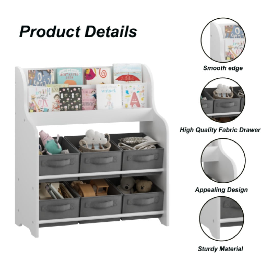 Kids Bookshelf with 6 Fabric Storage Bins, 3-Tier Front-Facing Bookcase & Toy Organizer, Children's Book Display Shelf for Playroom, Nursery & Bedroom
