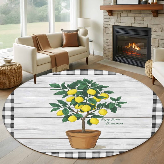 Summer Lemon Round Area Rug 6Ft Washable Circle Rugs for Bathroom Office, Potted Plant Black Plaid Vintage Wood Non-Slip Carpet Floor Mats Indoor Outdoor Carpet Runner Aesthetic Home Decor