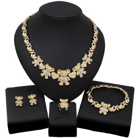 Women's Hugs & Kisses Jewelry Set Teddy Bear Charm Necklace Ring Bracelet & Earrings set 18k Layered Real Gold Plated #86