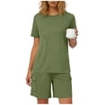 thumbnail image 2 of UPPADA Womens Two Piece Outfits V Neck Short Sleeve T Shirt and Elastic Waist Pleated Shorts Set Casual Loungewear Ladies Comfy Home Lounge Sets Army Green,L, 2 of 7