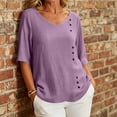 thumbnail image 5 of Yrmaups Loose Fit Short Sleeve T Shirt for Women, Casual V Neck Blouse, Soft Stretch Button Down Tee for Beach Travel Office Daily Wear, Purple 2XL, 5 of 8