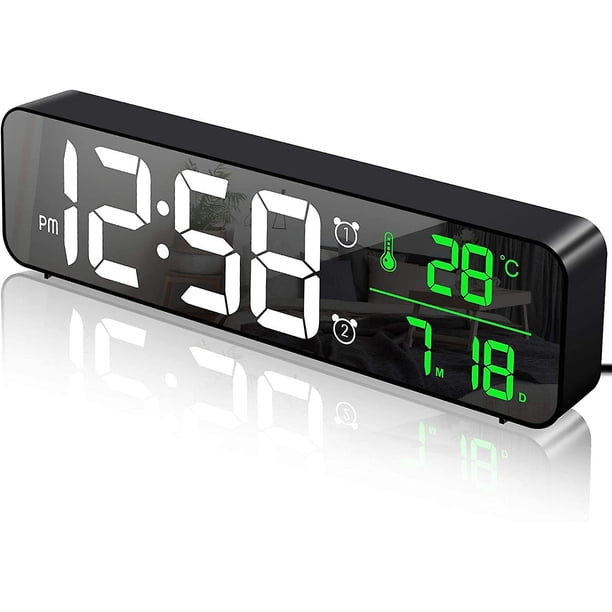 Reloj Despertador Digital, Reloj de Pared Reloj Despertador Mañana Espejo Digital Led Pantalla Grande con Fecha Temperatura, 2 Alarmas, 40 Música, 6 Brillos Regulables,,11 Feliz Sencillez