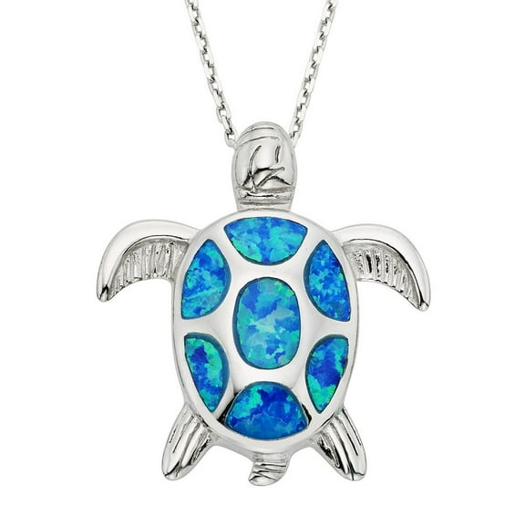 Sterling Silver Gold Tone or Rose Tone Created Blue or Pink Opal Nautical Sea Turtle 18" Pendant Necklace