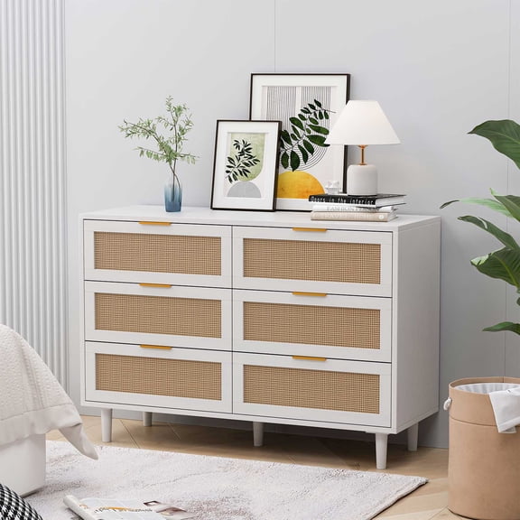 Oufan 6-Drawers Rattan Storage Cabinet Rattan Drawer,for Bedroom,Living Room,White