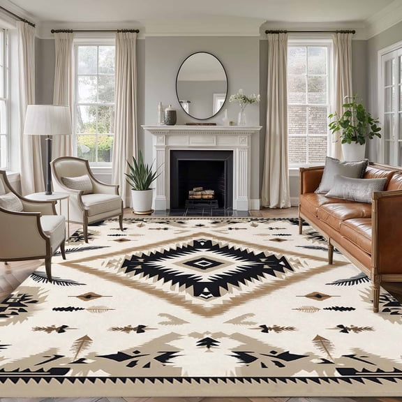 8x10 Area Rugs, Boho Black Brown Non-Skid Rubber Backing Large Rectangle Rugs - Living Room Bedroom Home Office, Retro Geometric Southwestern Ethnic Indoor Floor Mat Carpets Washable Rug