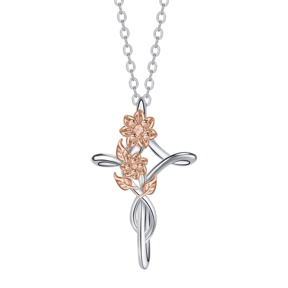 Rynsito Cross Necklace for Women, Silver Faith Birthstone Cross Pendant with Birth Flower Jewelry Gifts for Women Wife Mom Girlfriend