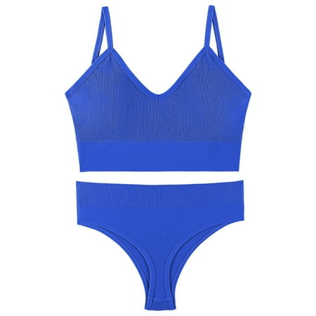 Ohufall Women Seamless Tanks Tops Bra and Panties Sets Underwear Suit Wireless Ribbed Crop Top Bra+ Panty Sets Yoga Sport Bikini Set