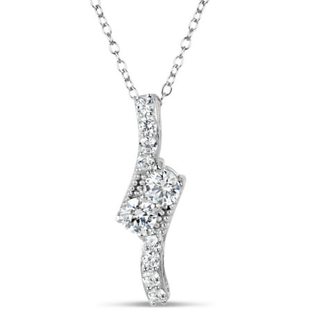 White Round Swarovski Cubic Zirconia Sterling Silver 2Tone Filigree Sides Bypass Necklace 18 Inches