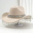 thumbnail image 2 of HNMKIU Stylish Cowboy Hat for Women with Large Round Gemstone Fringe Rhinestone Decorations for Parties and Western Events Women's Hats & Caps 01_Beige,One Size, 2 of 3