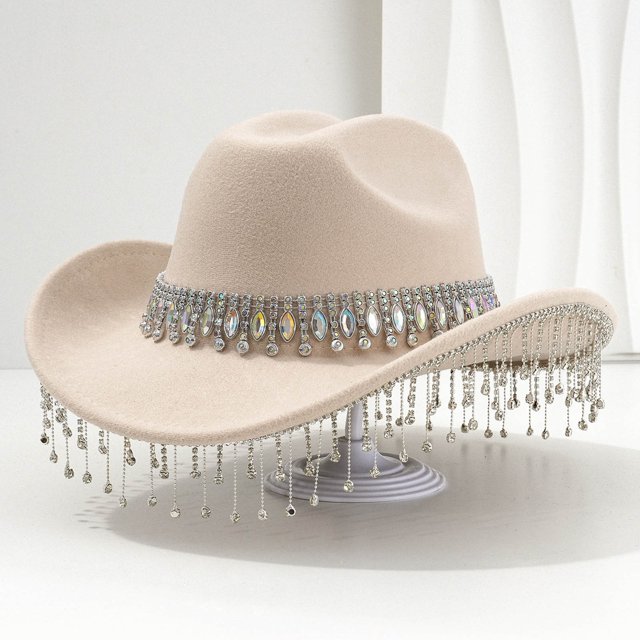TINZ Stylish Cowboy Hat For Women And Men Western Hat With Large Round Gemstone Fringe Rhinestone Decorations For Parties And Events Cowboy Hat Party Necklace Cowboy Hat