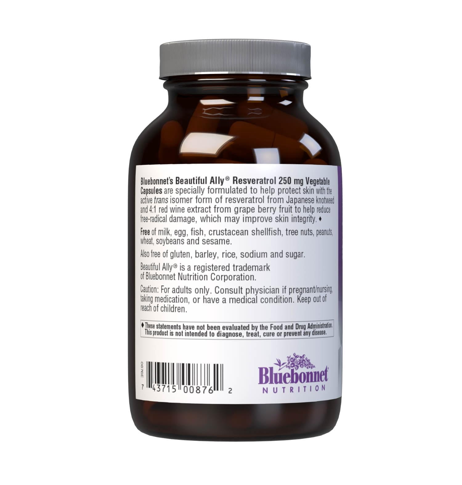 Bluebonnet Beautiful Ally Resveratrol 250mg, Protect Skin Integrity*, 30 Vegetable Caps