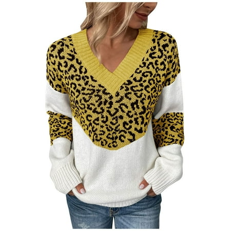 

Women s Sweaters Fall Maternity Clothes Chunky Sweater Women Tunic Sweaters Pullover Women s Autumn Solid Color Patchwork Leopard Print Long Sleeve Pullover Knit Sweater Pullover (M Yellow) TBKOMH