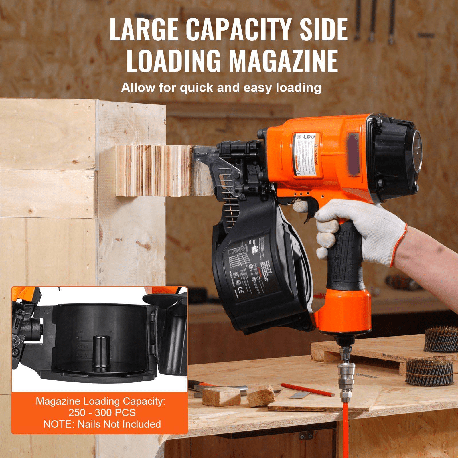MCN70 Coil Siding Nailer - 15 Degree Pneumatic Nail Gun for Wood Pallets, Fencing, Sheathing - 1-3/4 to 2-3/4 Inch Coil Nails