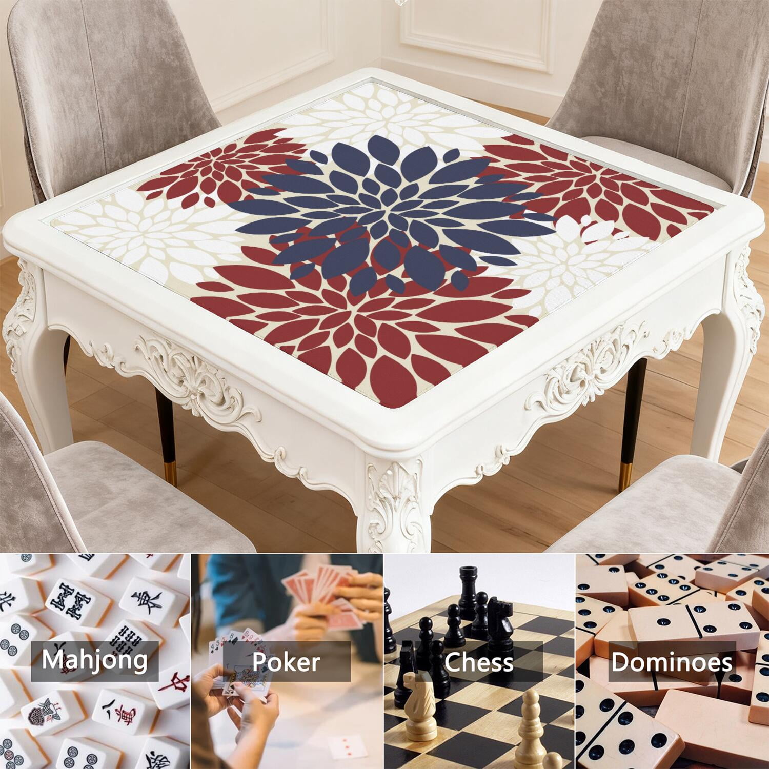 Boho Style Multi-Purpose Rubber Game Surface 31.5x31.5 Inch Mahjong Table Cover Features Non-Slip Backing and Noise Dampening for Game Room Activities