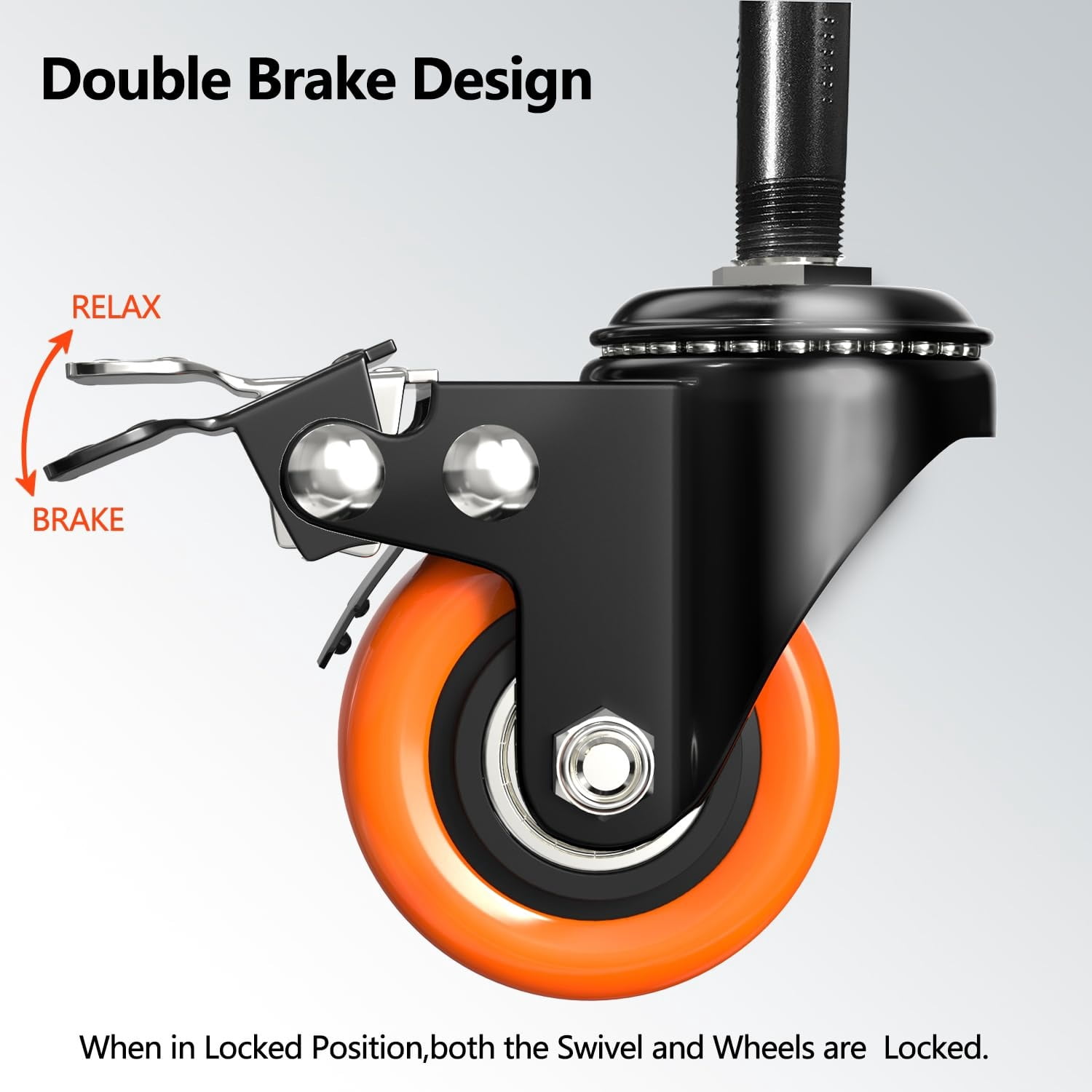 General Set of 4 Heavy-Duty Industrial Stem Caster Wheels with Locking Brake, 1.5/2/2.5" Wide Base for Furniture Carts Workbenches Equipment Replacement, Durable Rolling Casters