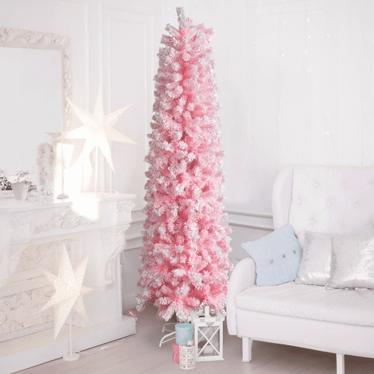 7.5FT Slim Pencil Christmas Tree Snowy Pink Flocked PVC 641 Branch Tips for Small Spaces Apartments Offices